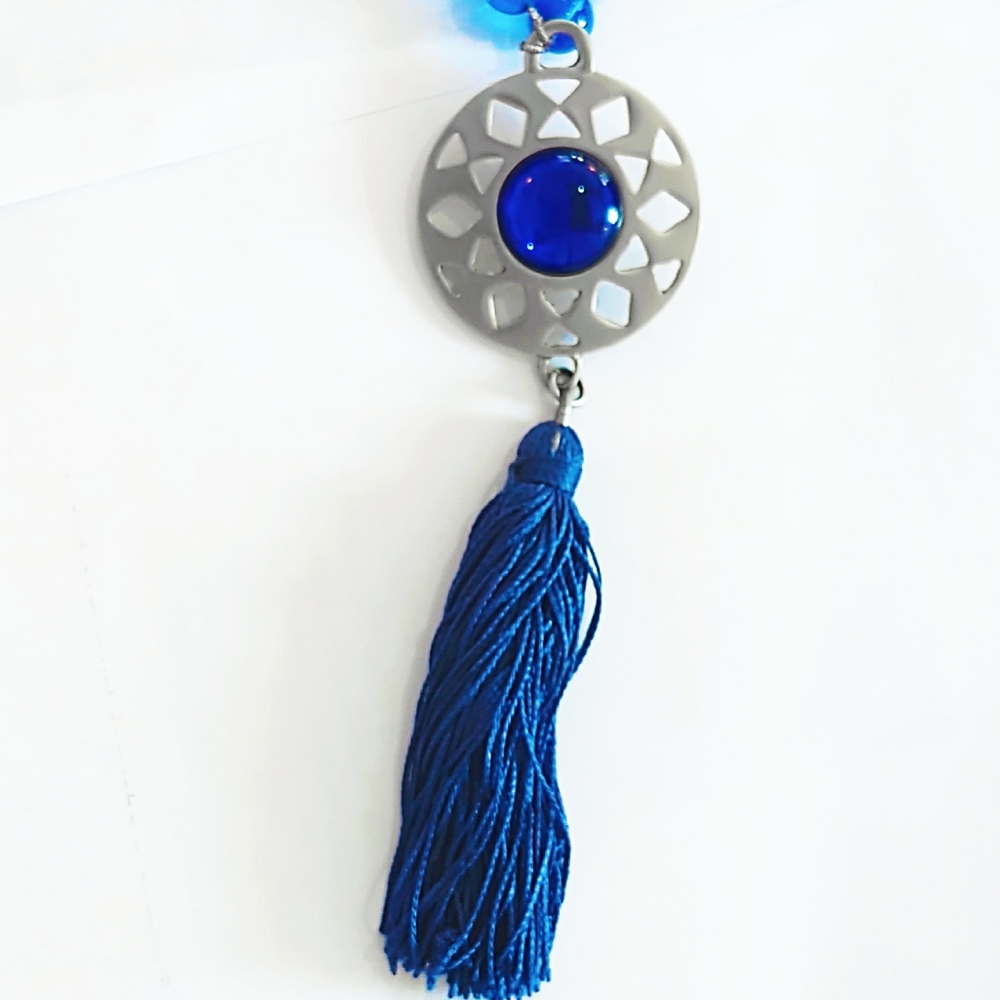 Vintage Celine Paris Oversized Blue Glass Bead & Gripoix Silver Necklace - Picture 8 of 15